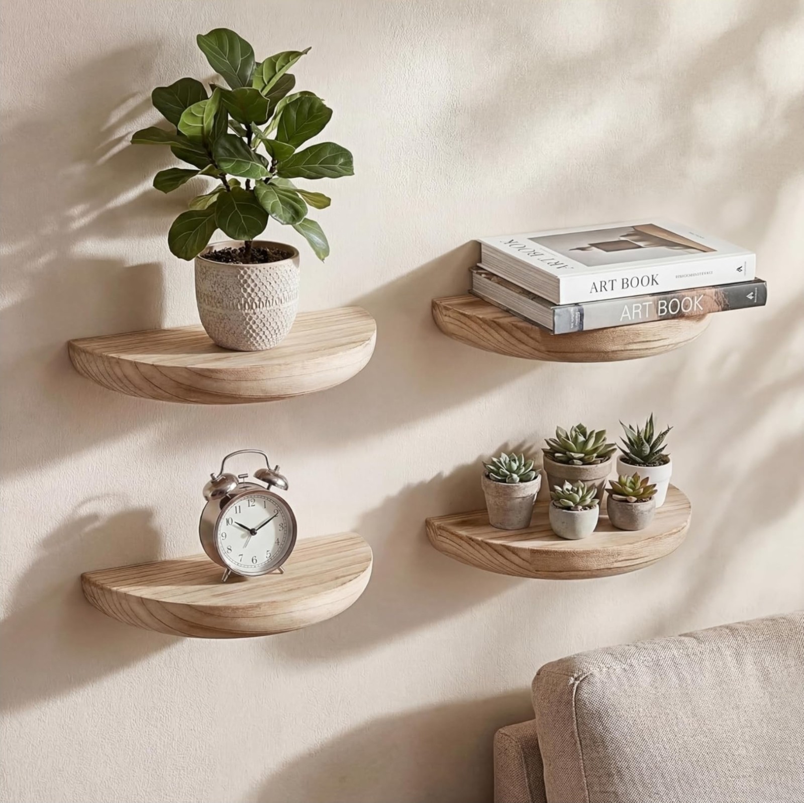 4  PACK Solid Wood Half Round Floating Wall Shelves | Elegant Floating