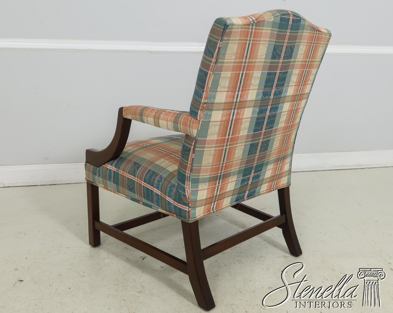 F61252EC: Chippendale Mahogany Upholstered Open Arm Library Chair