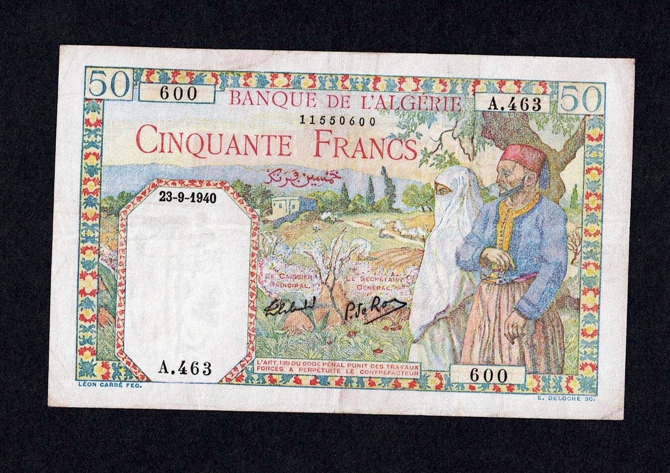 ALGERIA BANQUE DE L'ALGERIE 50 FRANCS 1940 PICK#84a VF