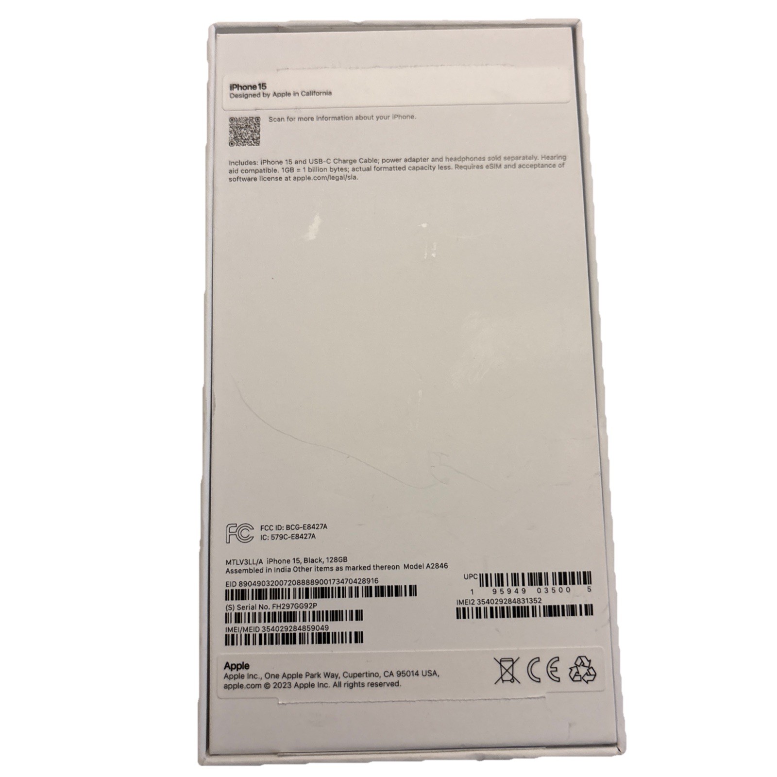 Original Apple iPhone 15 Retail Box Only (INK MARK)