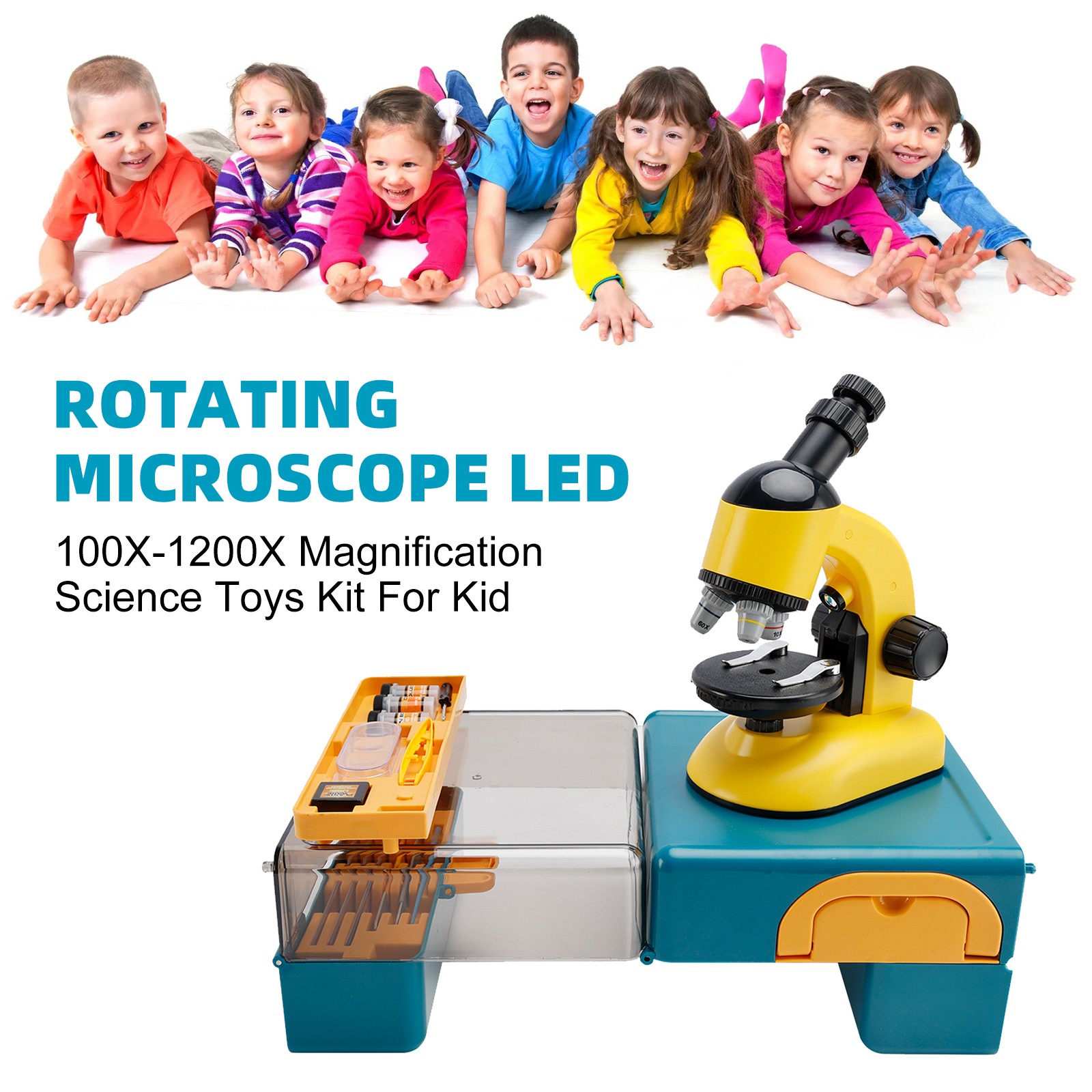 Rotating Microscope LED 100X-1200X Magnification Science Toys Kit For Kid Yellow