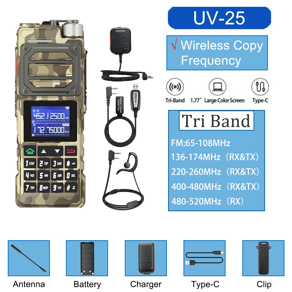 BAOFENG UV25 FM WALKIE TALKIE LONG RANGE TRI-POWER TWO WAY RADIO SQUARE MIC KIT