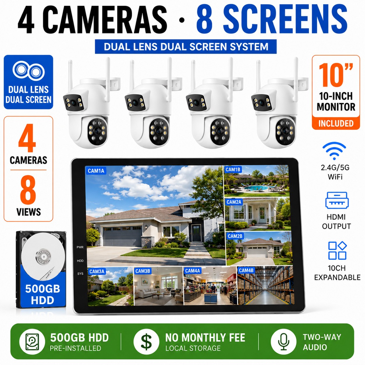 CAMCAMP Wireless Security Camera System with 10.1" Monitor Dual Lens PTZ CCTV 2K