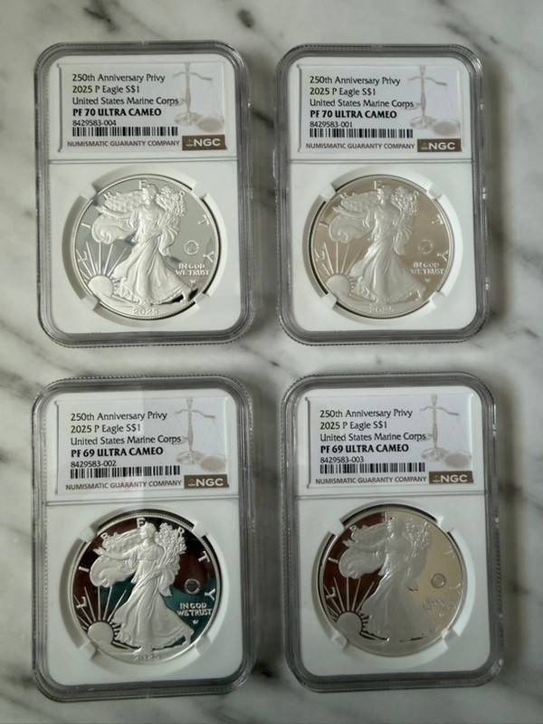 4x 2025 P PROOF SILVER EAGLE US MARINE 250TH ANNIVERSARY PRIVY FIRST DAY PF70/69