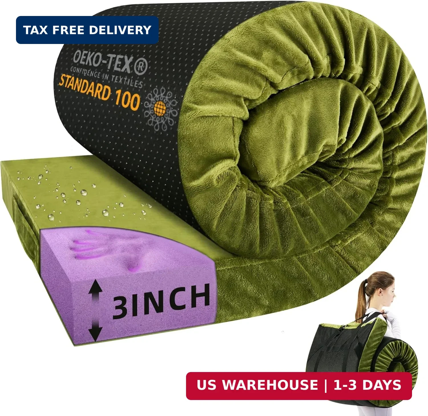 BDEUS Memory Foam Camping Mattress Pad 3inch Cot Size Waterproof Roll Up Bed Sle