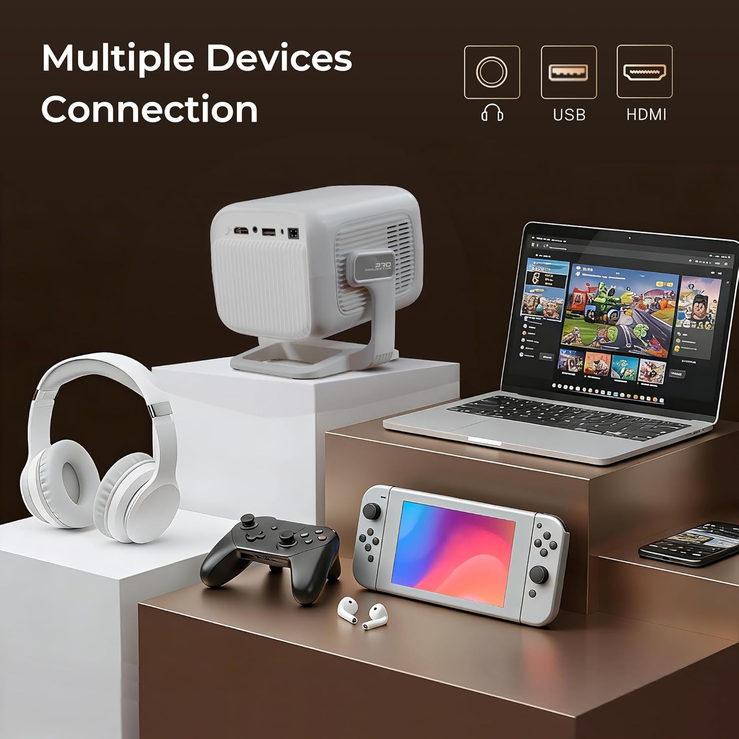 Portable 1080P Smart Projector with WiFi 6, Bluetooth 5.4, Auto Focus & Keystone