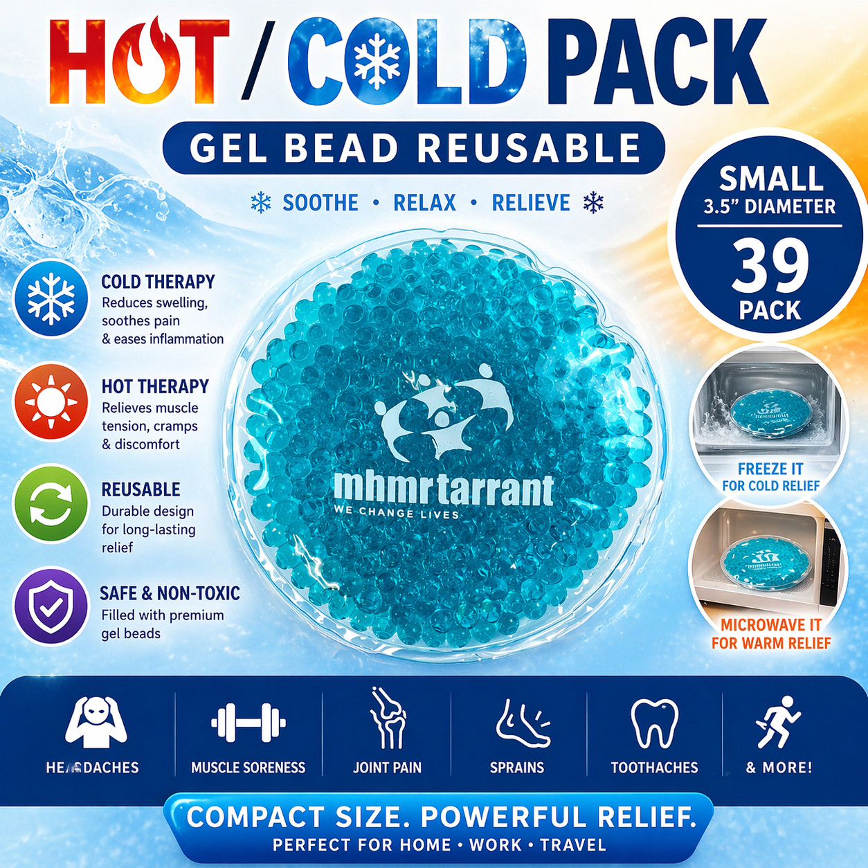 39-Pack Reusable Gel Bead Ice Packs Round Blue Hot Cold Compress 4" Small Size