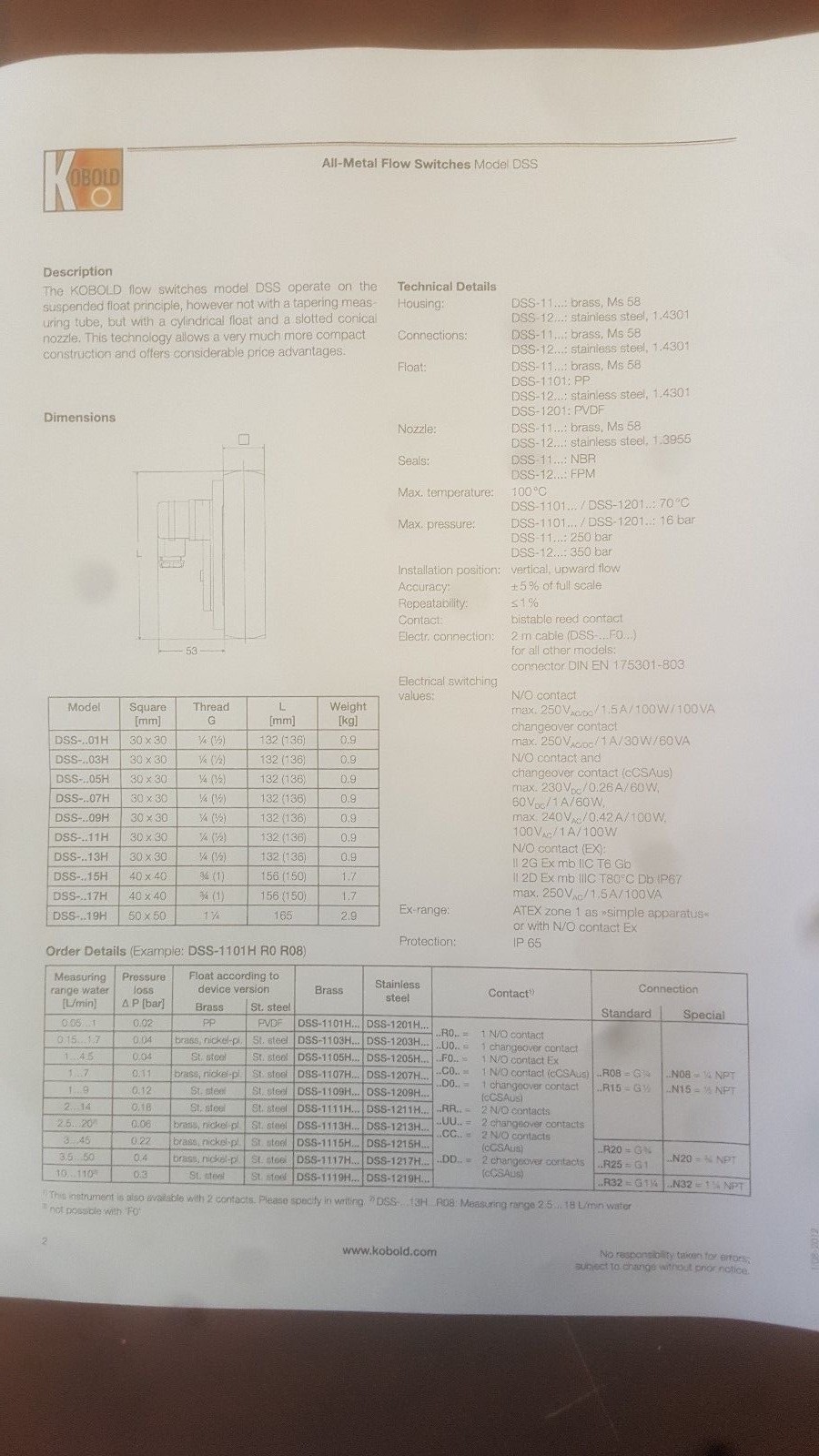 Kobold DSS All Metal Flow Switch | DSS-1211HROR15 | #4136