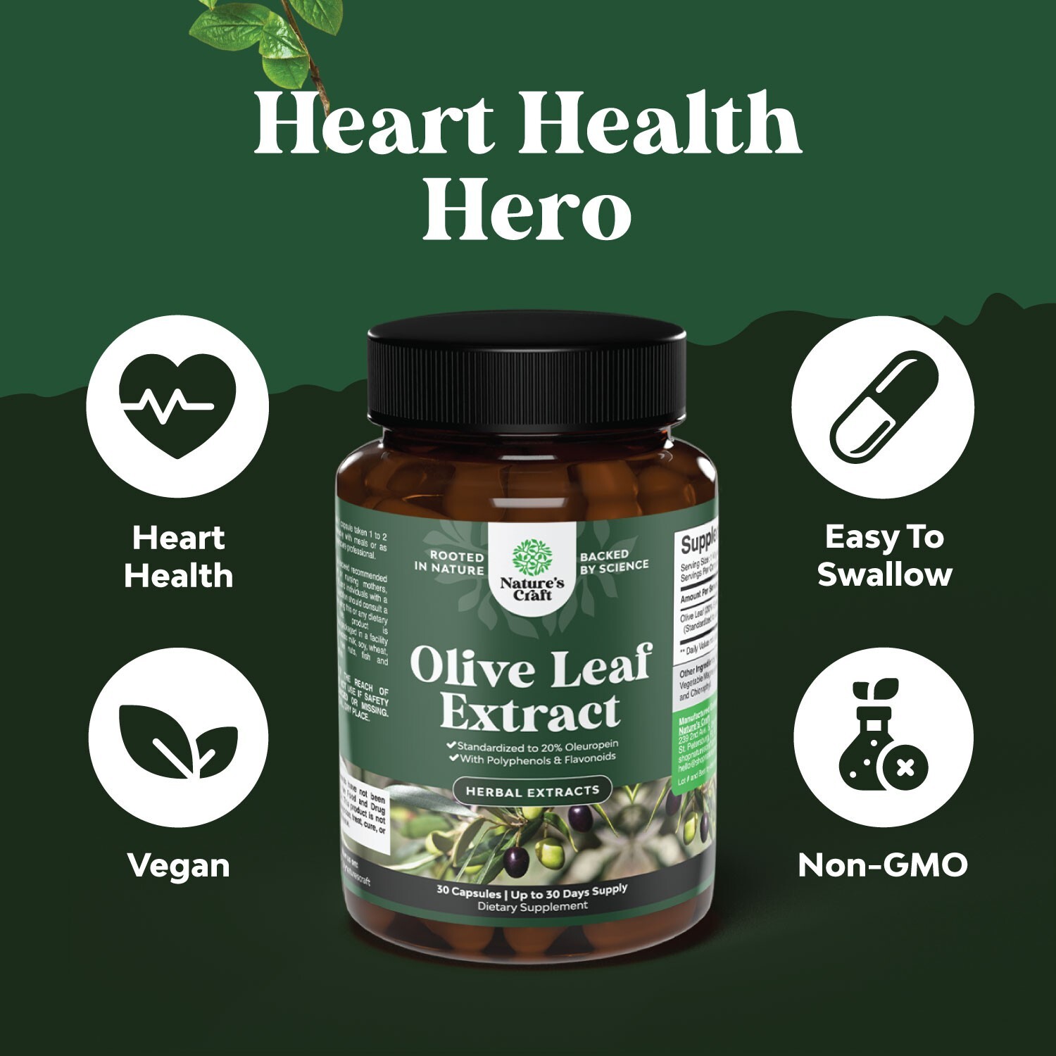 Potent Olive Leaf Extract Capsules - High Strength Antioxidant Supplement 30ct