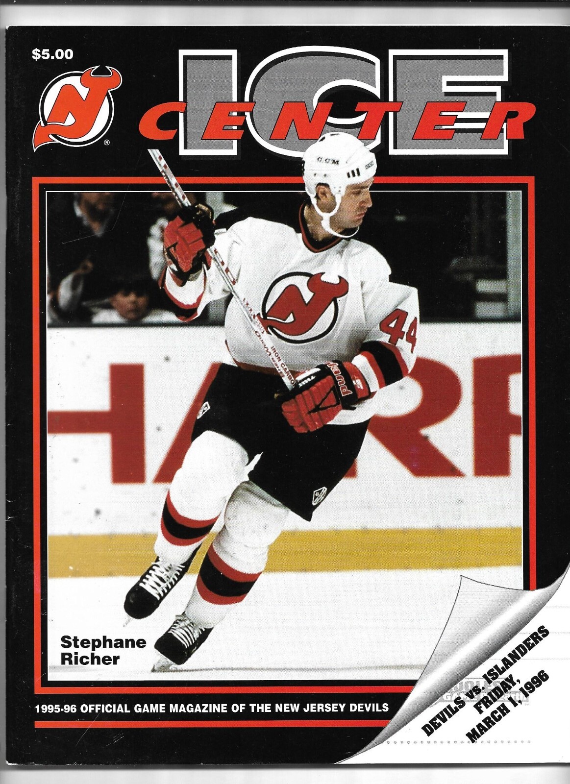 March 1, 1996 Devils vs Islanders Center Ice Hockey Program----Richer  Excellent