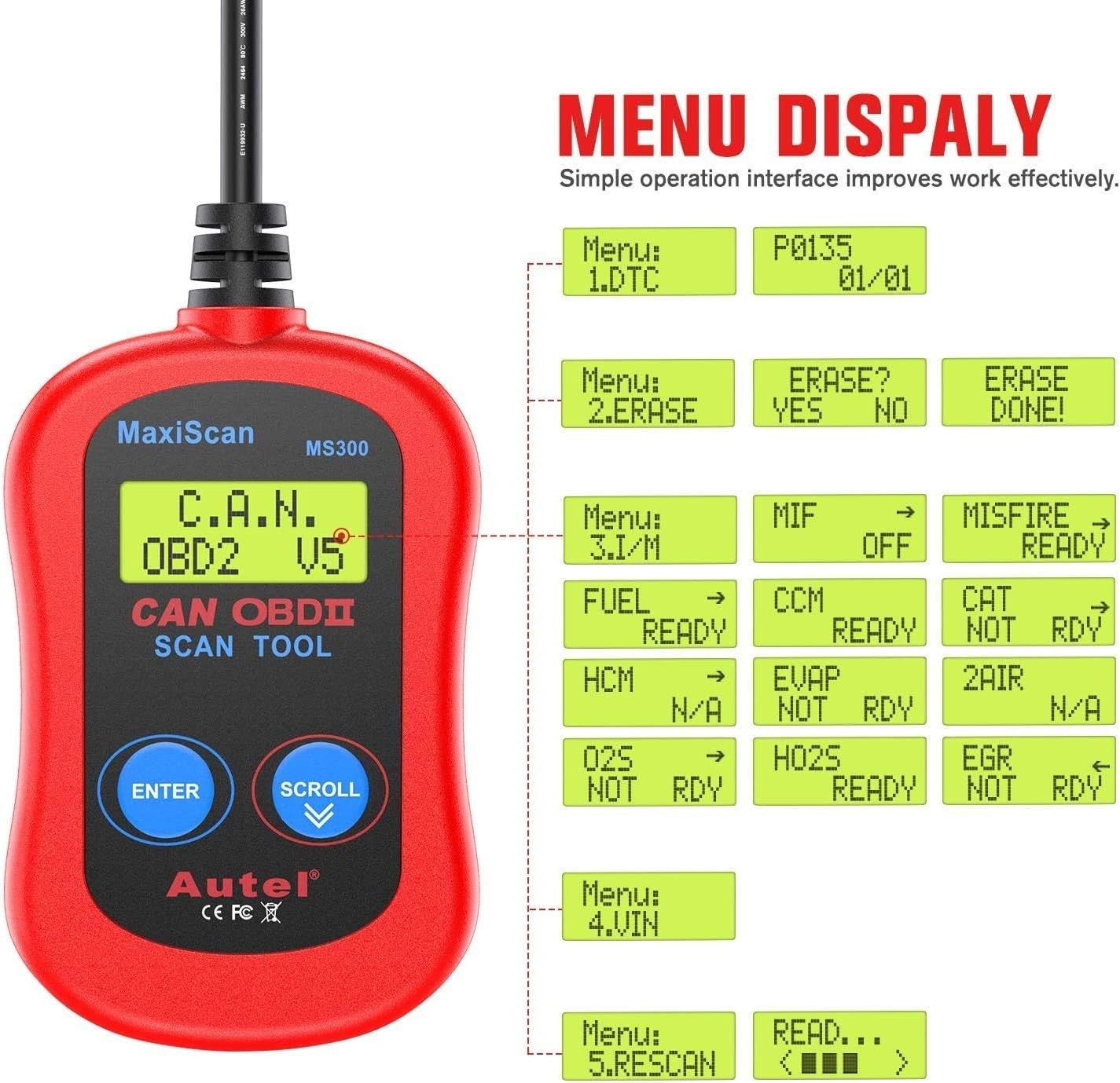 MS300 Scanner Code Reader, Turn Off Check Engine Light, Read & Erase Fault Co...