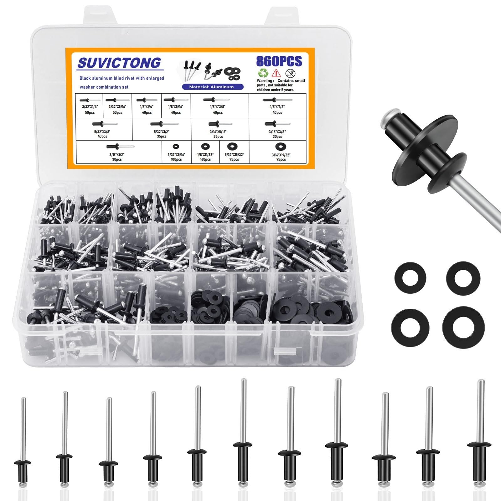 860pcs Pop Rivet Assortment Kit, Black Rivets 3/32"-3/16" 11 Sizes with Washe...