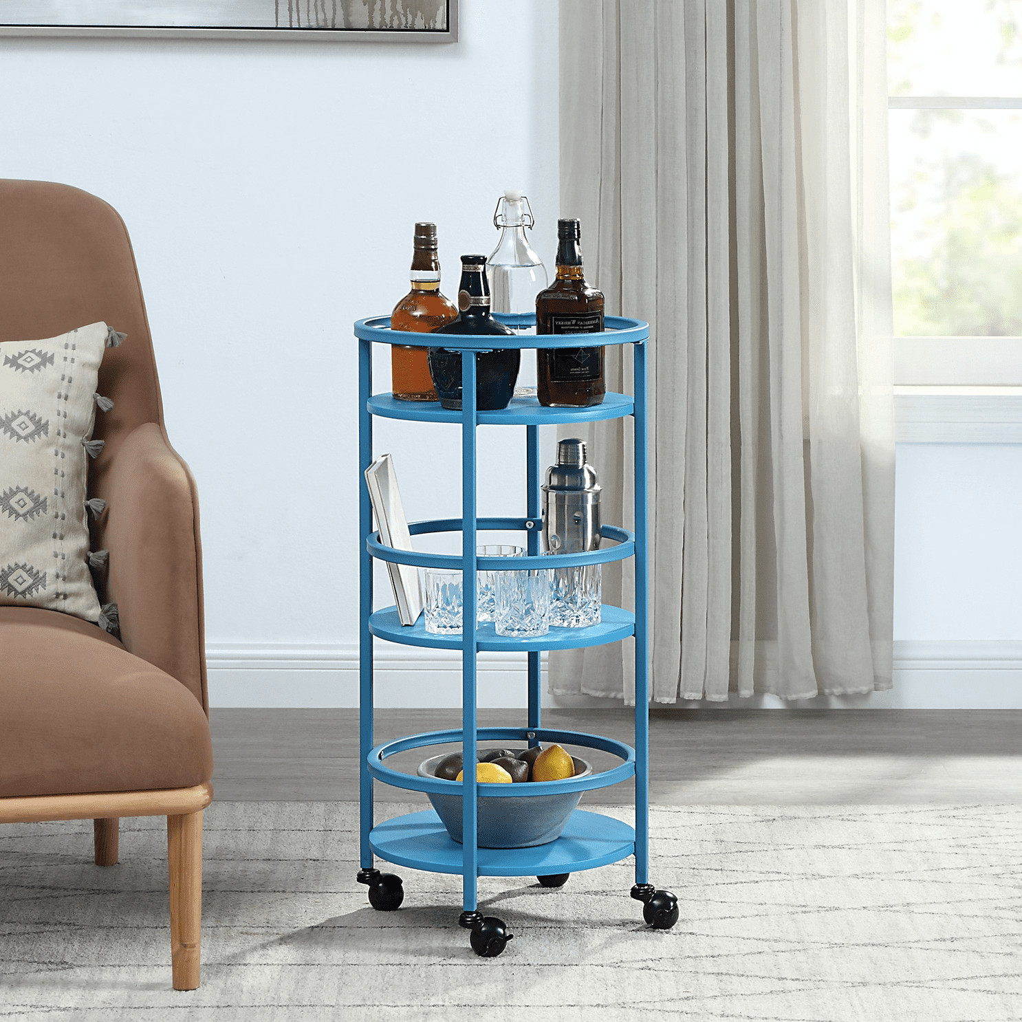 32" 3-Tier Rolling Round Kitchen Bar Storage Cart, Blue