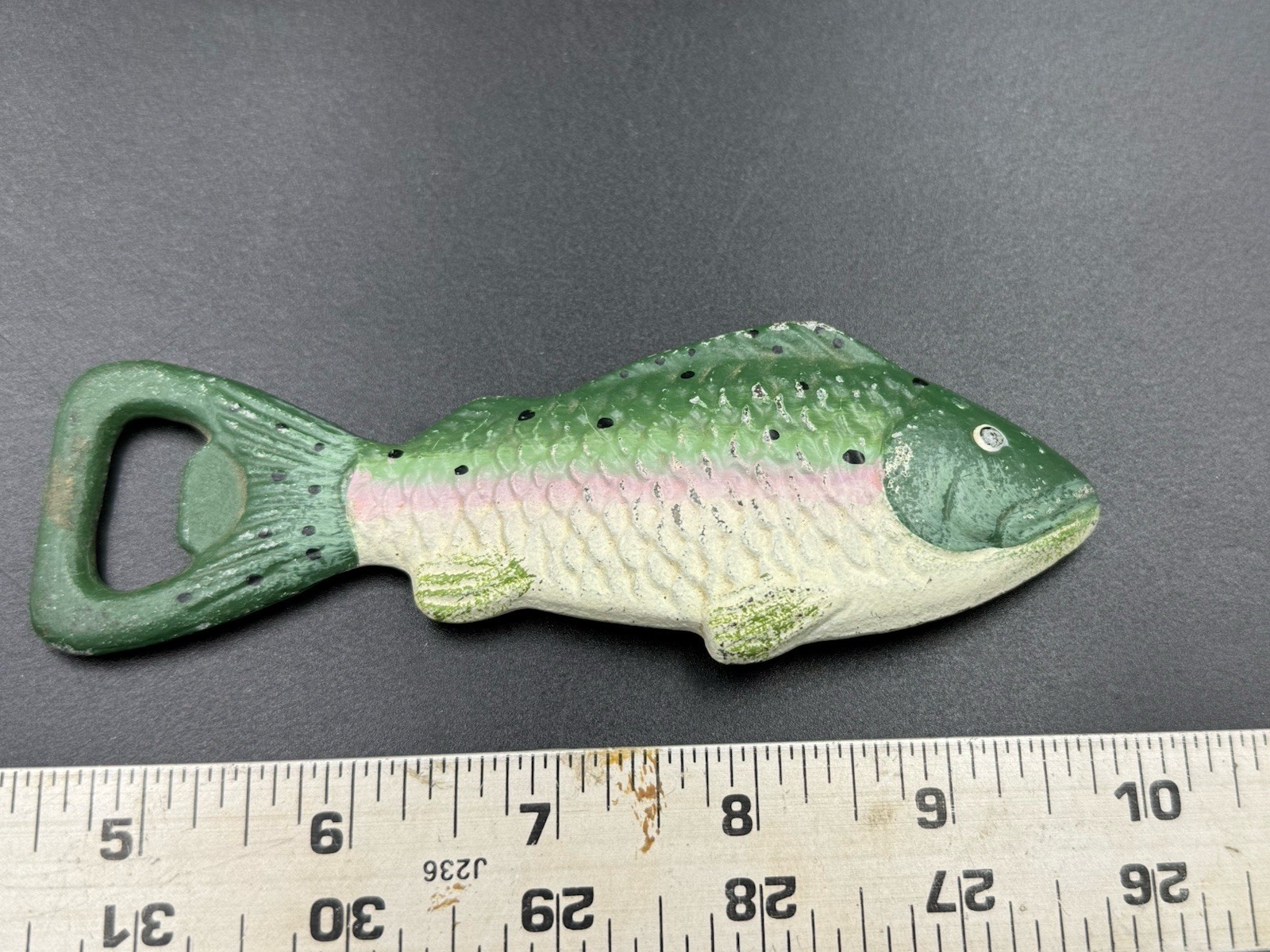 VINTAGE Painted Cast Iron Green Bass Bottle Opener 4 1/4"  Heavy & Solid (0387)