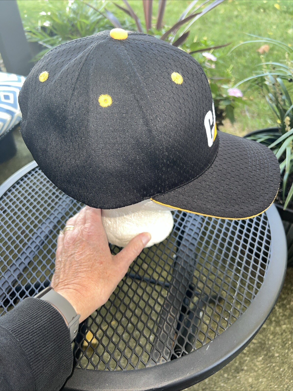 CAT in White w Gold Logo on Black Hat Cap Polyester Mesh Hook Loop CAT Licensed