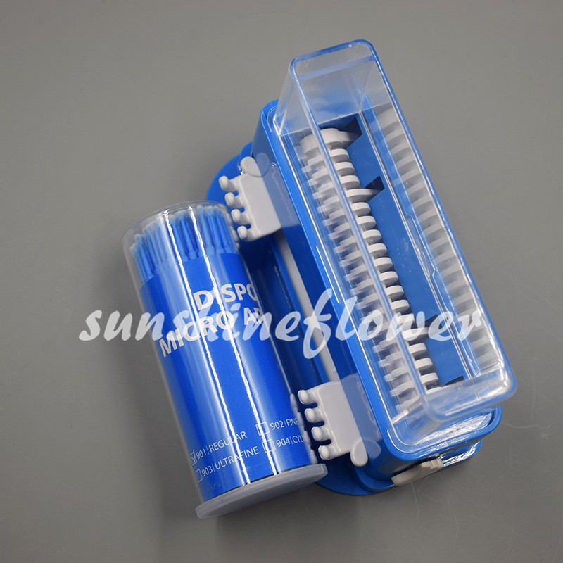 100x Dental Disposable Applicator Fiber Brush Tip Blue with Container Dispenser