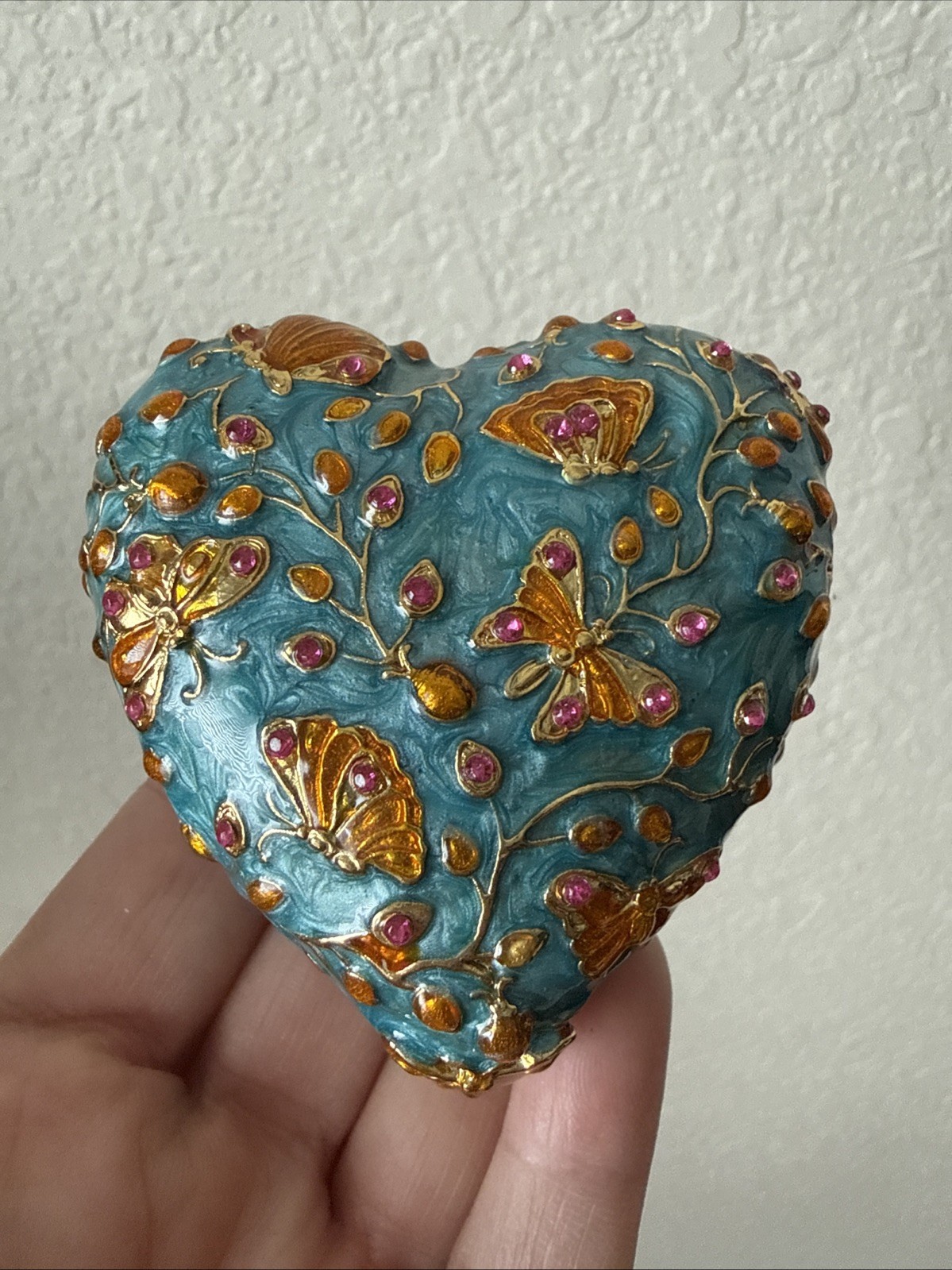 Heart Shaped Enameled Trinket Box With Rhinestone Butterflies