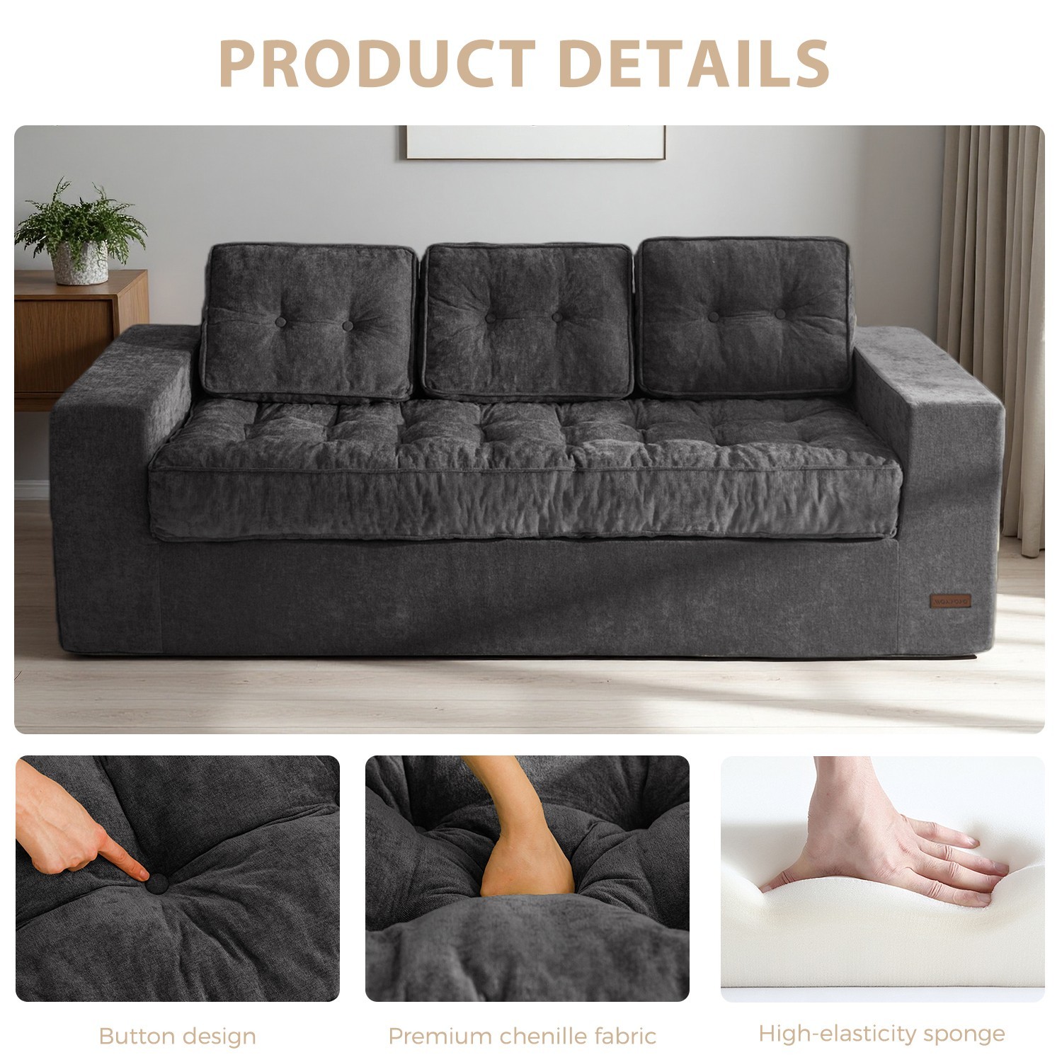 MAXYOYO 3 Seater Boneless Couch,Chenille Comfy Sofa with Extra Deep Seats