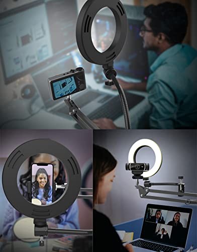 Black Overhead Camera Mount with Ring Light - Flexible Articulating Phone Arm