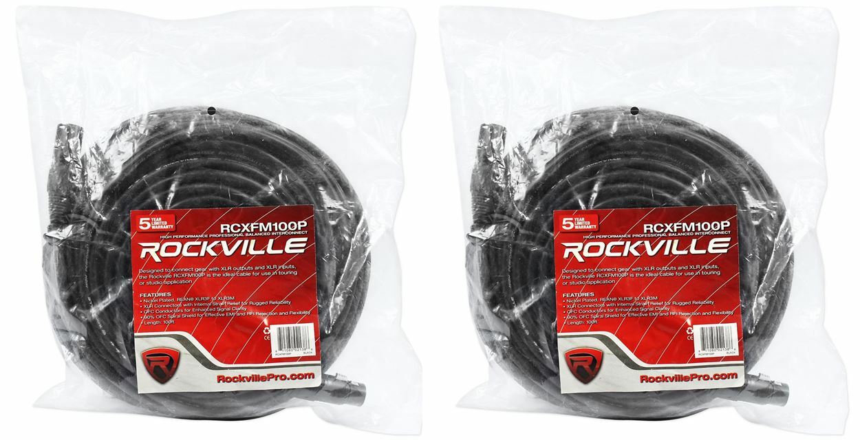 2 Rockville RCXFM100P-B Black 100' Female to Male REAN XLR Mic Cable 100% Copper