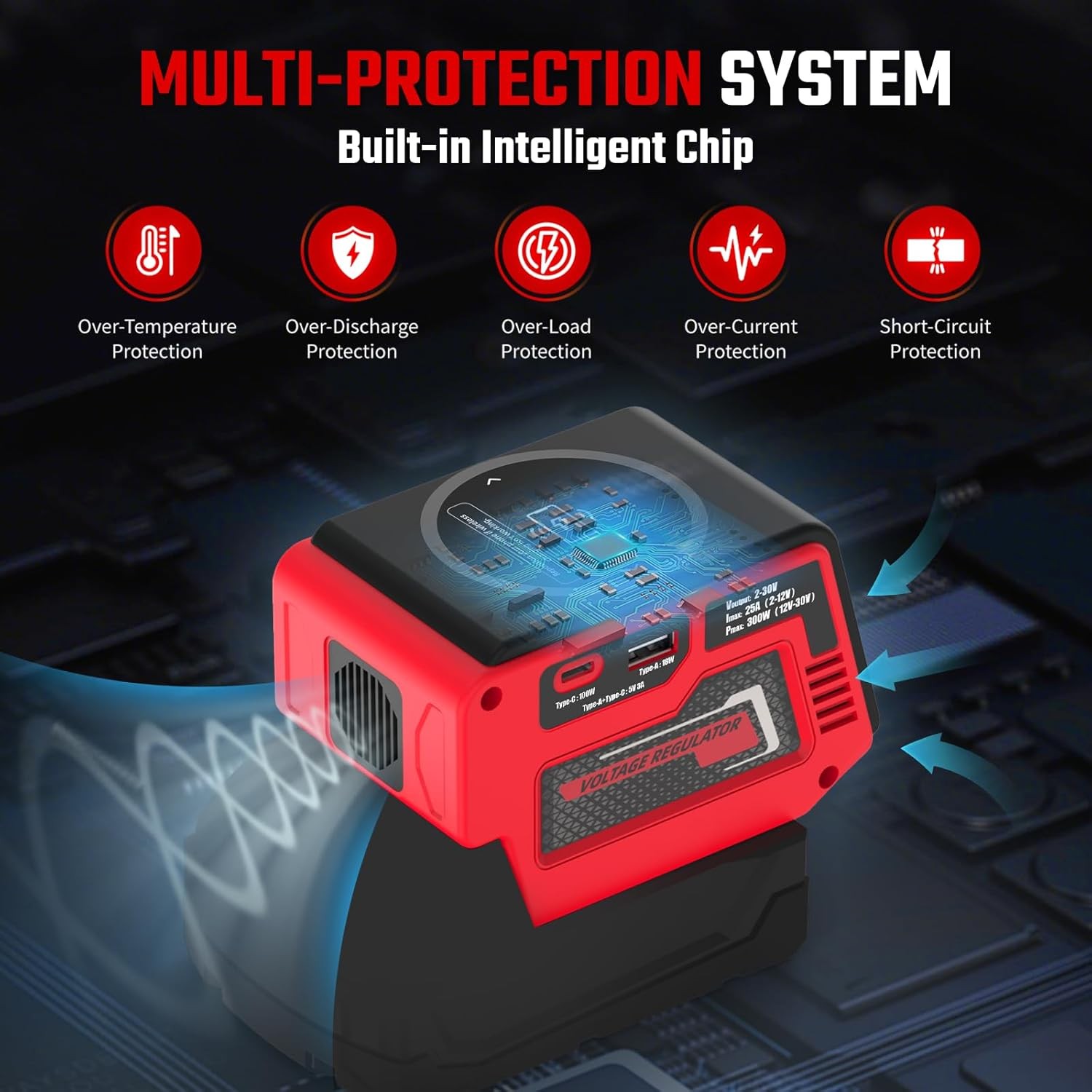 18V Battery Adjustable Voltage Regulator 300W Hisecren Wireless 2-30V Compatible