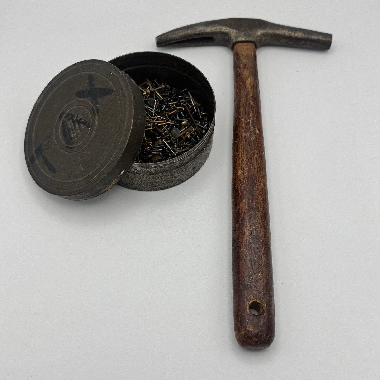 Vintage J.M. Waterston #627 Tack Hammer Detroit USA With Assorted Old Tacks Can