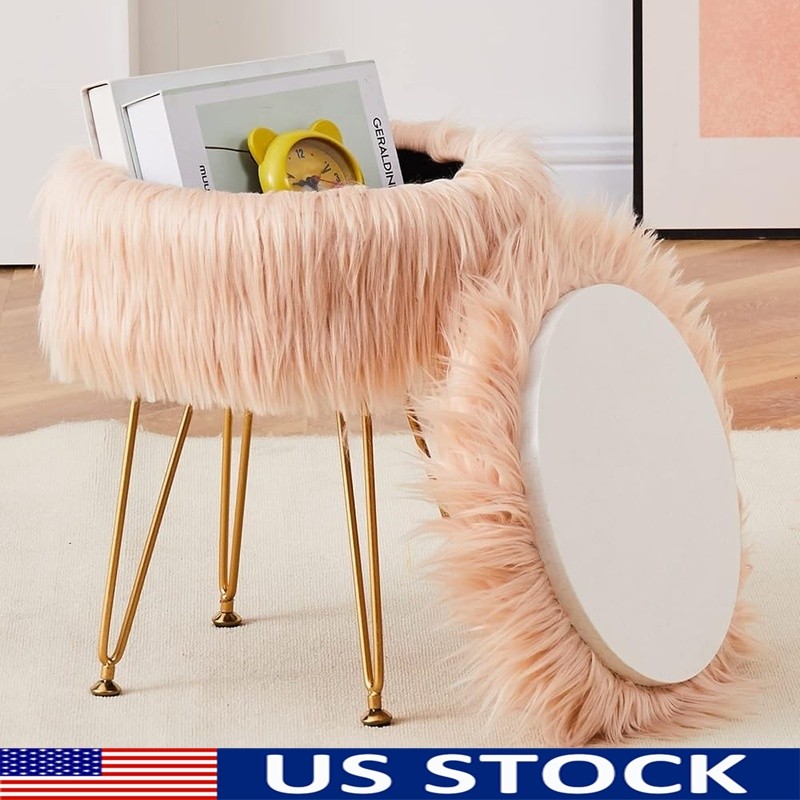 Fluffy Vanity Chair Multifunctional Ottoman Storage Stool W/ Metal Legs Faux Fur