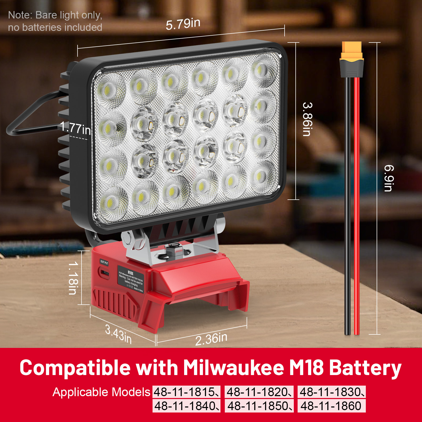 72W LED Work Light Compatible with Milwaukee 18V Battery 7200LM Flashlight USB