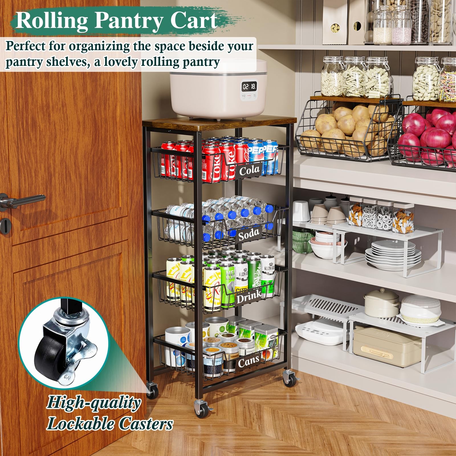 Fruit Basket, 5-Tier Utility Kitchen Organizer and Storage Cart with Pull-Out...