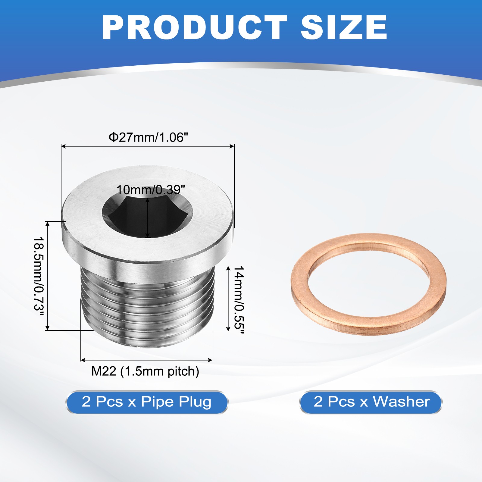 2 Pcs M22 x 1.5 Pipe Plug Fitting, Internal Hex Head Socket 304 Stainless Steel