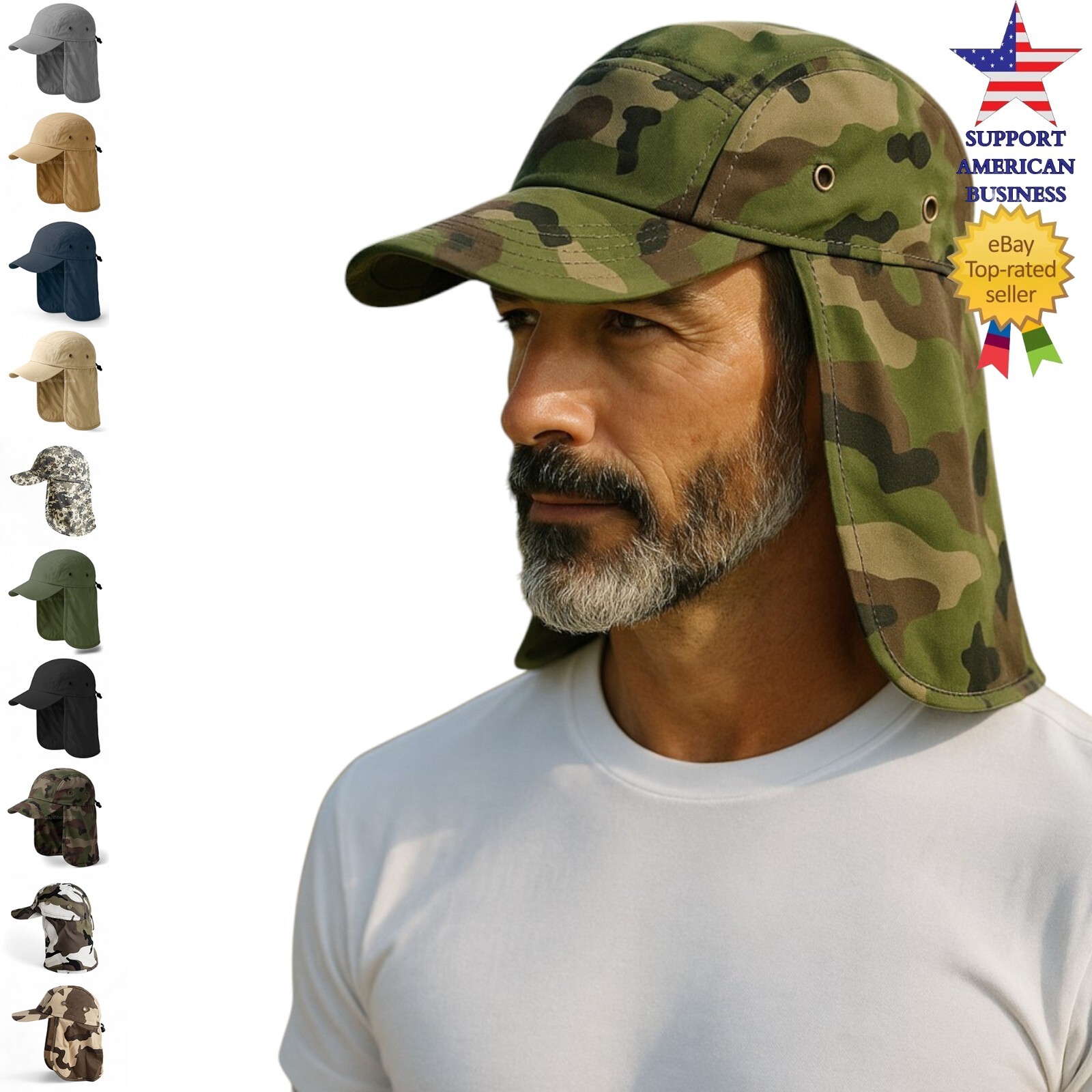 Ear Flap Sun Hat Neck Cover Baseball Cap Visor Camo Army Fishing Outdoors Men
