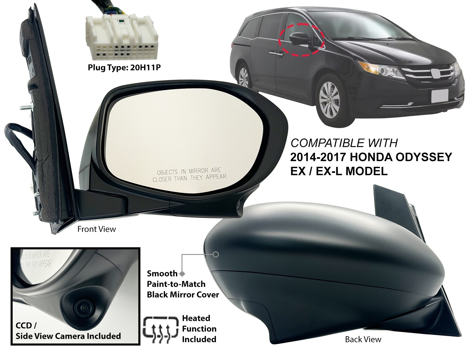 Mirror for 2014-2017 HONDA ODYSSEY EX EX-L Model W/ Camera Heated Passenger Side