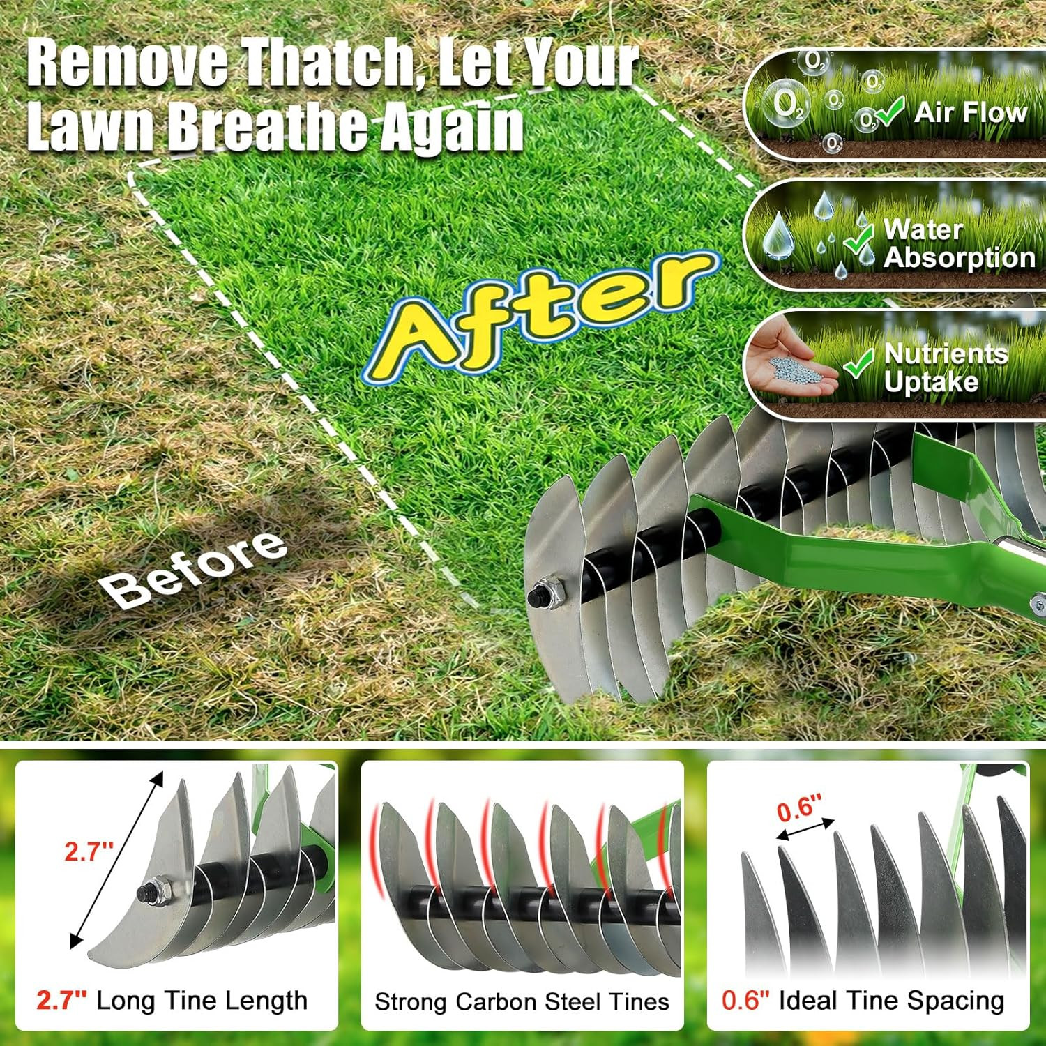 Manual Thatch Rake - 2-in-1 Dethatcher & Scarifier with Adjustable Handle