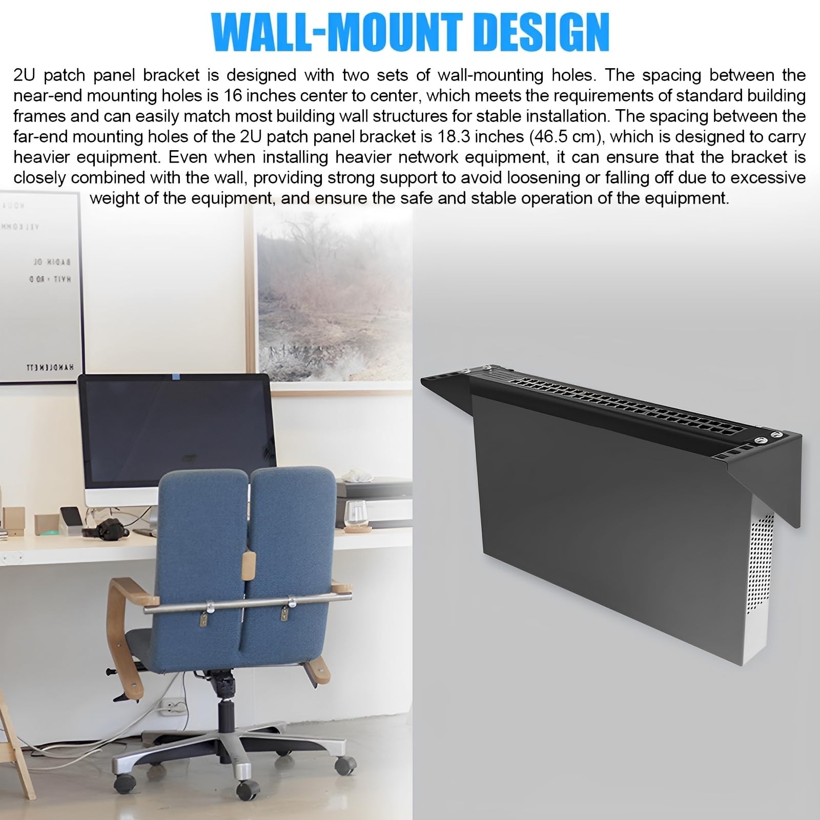 2U Hinged Wall Mount Patch Panel Bracket Vertical Rack for 19-inch Equipment