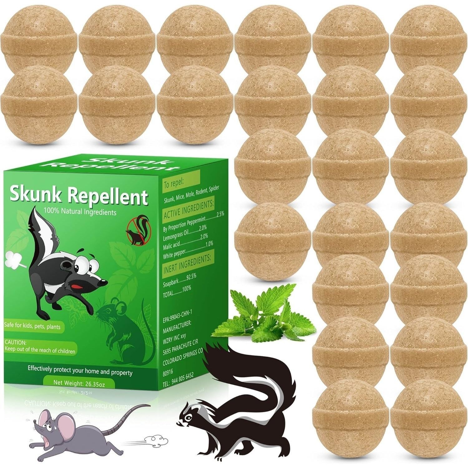 24 Pack Skunk Repellent Outdoor, Natural Peppermint Skunk Repellent Ball Humane