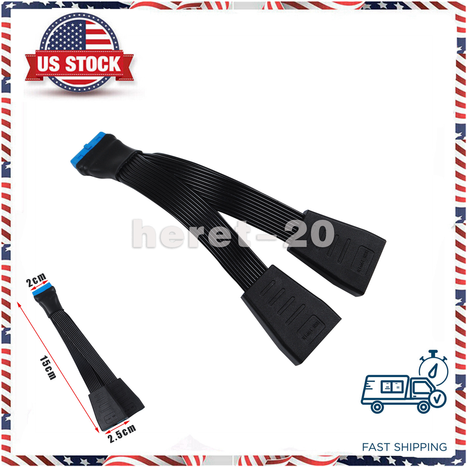 Motherboard USB3.0 19/20Pin Header 1 to 2 Extension Splitter Cable 15cm Internal