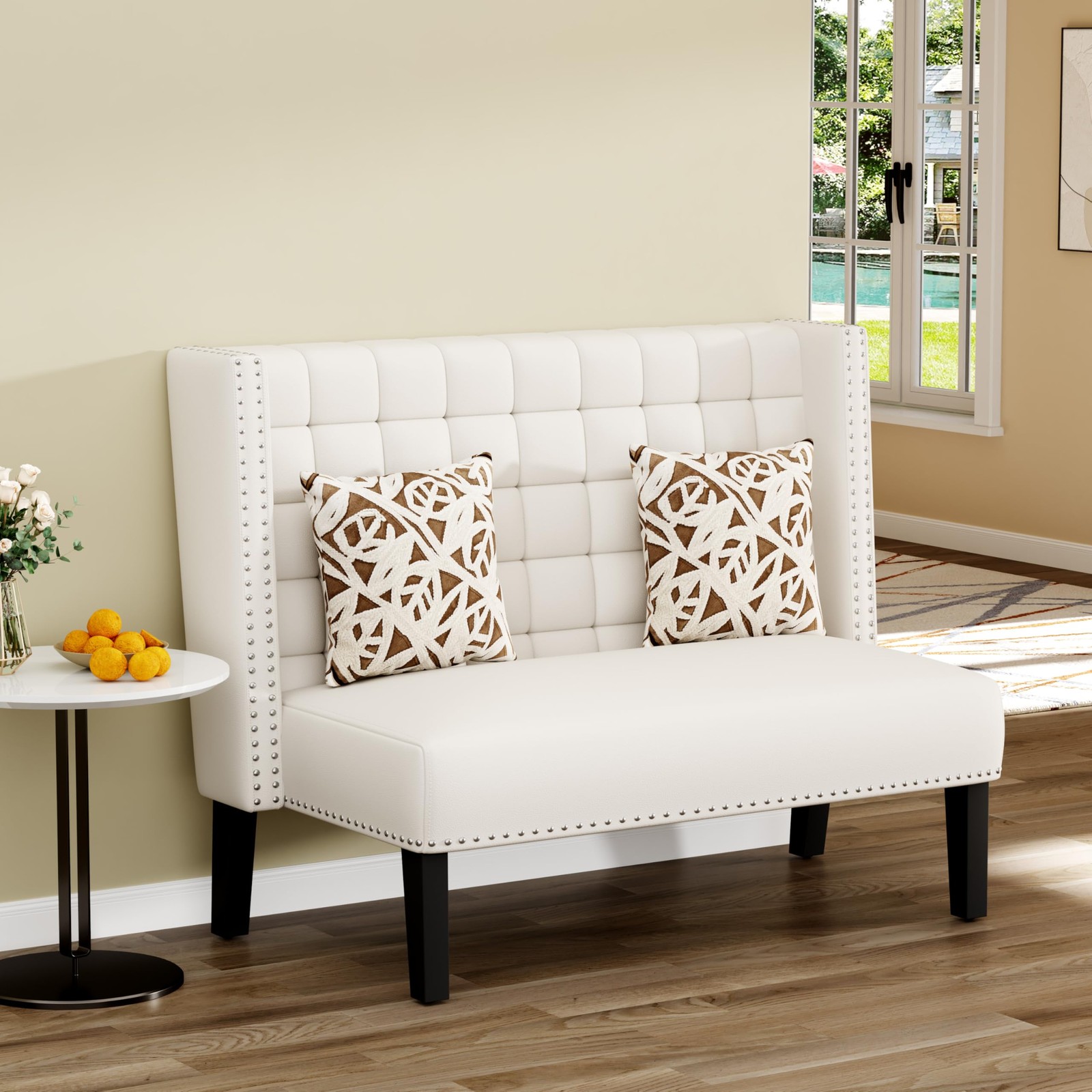 White Faux Leather Tufted High Back Bench Loveseat Settee Banquette Wood Legs
