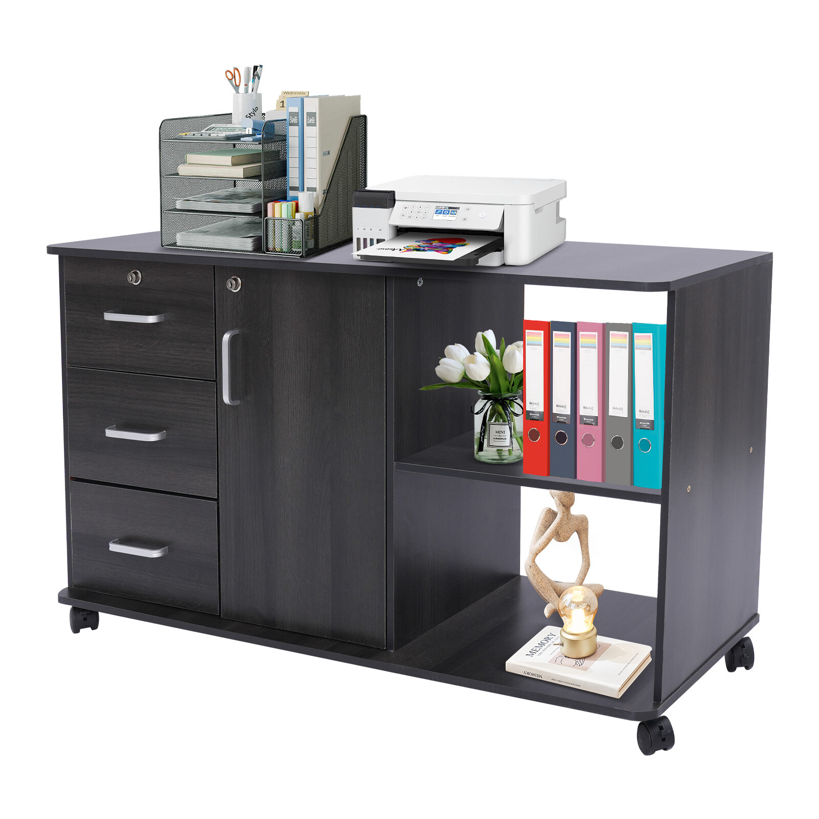 3 Drawers 2 Compartments Mobile File Cabinet Locking File Cabinet MDF 1 Cabinet