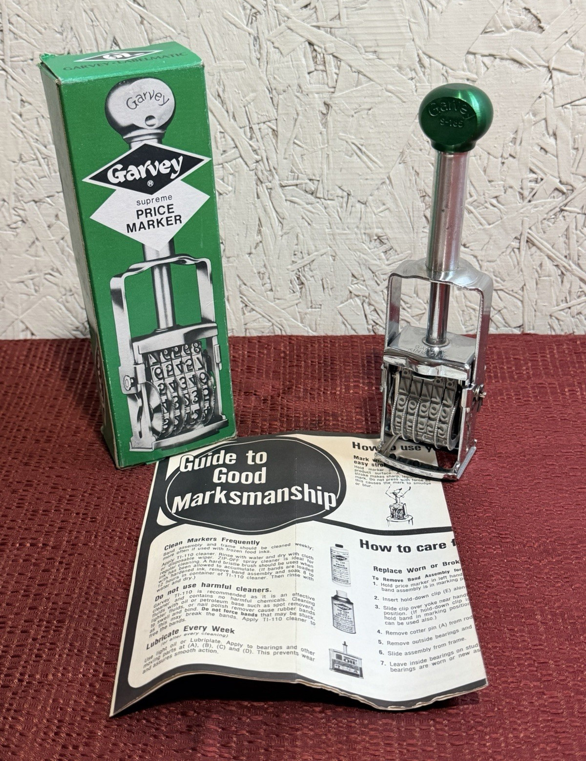 Garvey Supreme Price Marker Stamp S-185 Handle Marked w/ Box & Guide Booklet