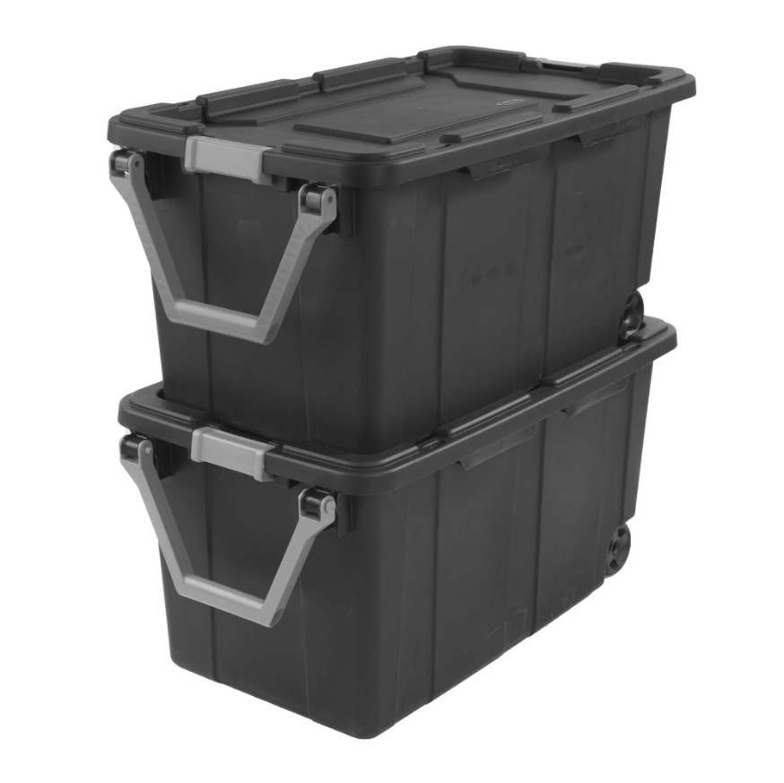(2-Pack) 40 Gallon Plastic Storage Bin on Wheels with Locking Lid, Dark Gray