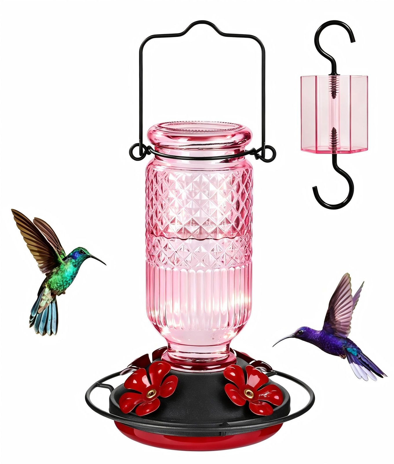 FEED GARDEN Glass Hummingbird Feeder for Outdoors, 16oz with Ant Moat, 4 Pink