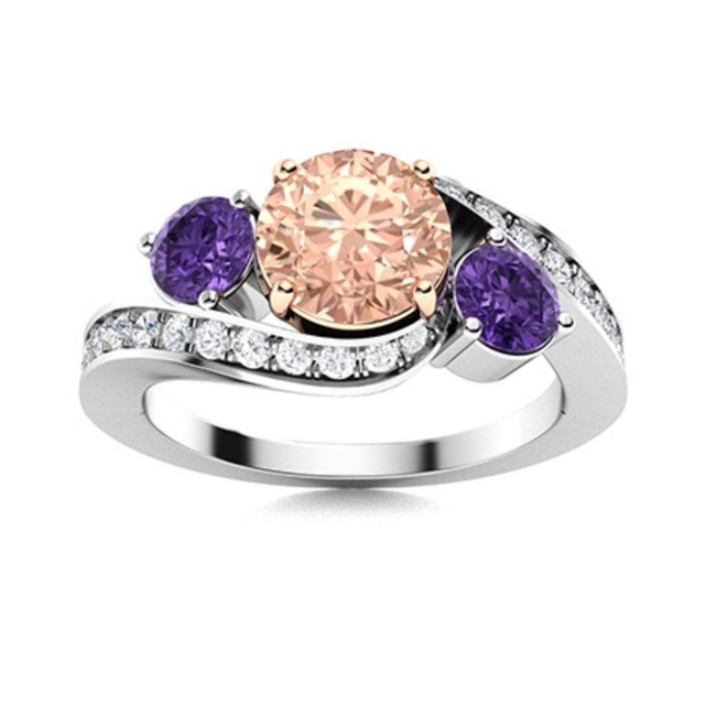 5MM Round Morganite & Amethyst Three Stone Wedding Ring 925 Sterling Silver
