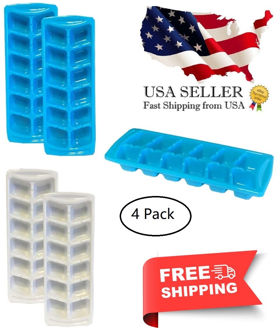 4-Pack Stackable Ice Cube Trays BPA Free 12 Cubes Each White & Blue Multi-Use