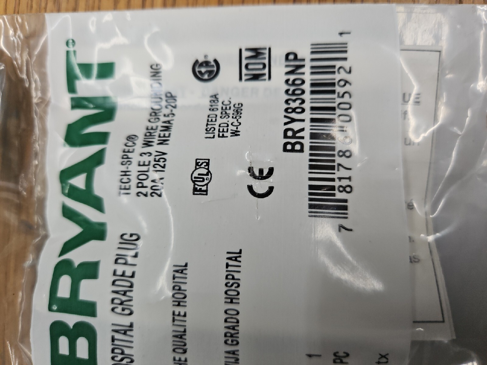 BRY8366NP 3 Wire Straight Blade Plug Hospital Grade 125Vac 20A