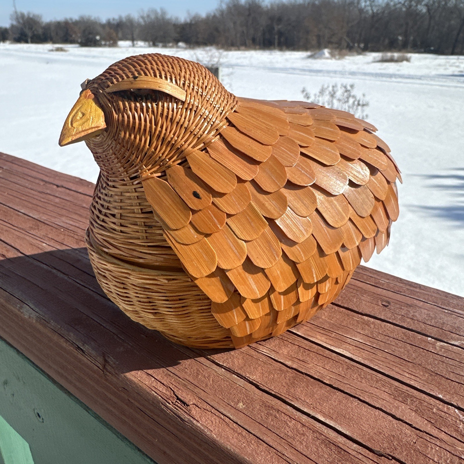 Vintage Bird Basket Hand Woven Lidded Storage Rattan Wicker Trinket Box Gift