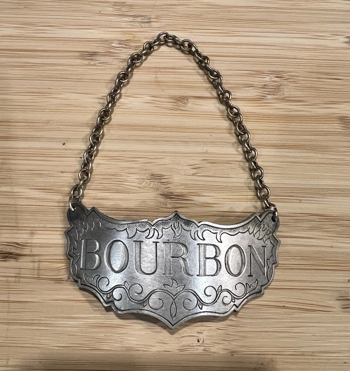 Vintage Stieff Pewter BOURBON Whiskey Liquor Bottle Decatner Hanger Label Tag