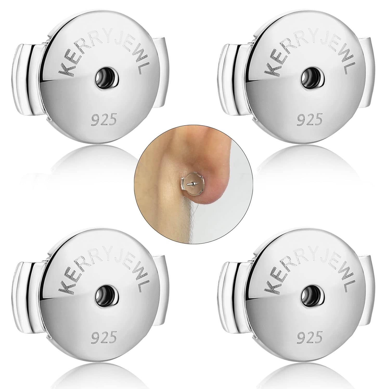 14K White Gold Locking Earring Backs Replacements, 2-Pairs 925 Sterling