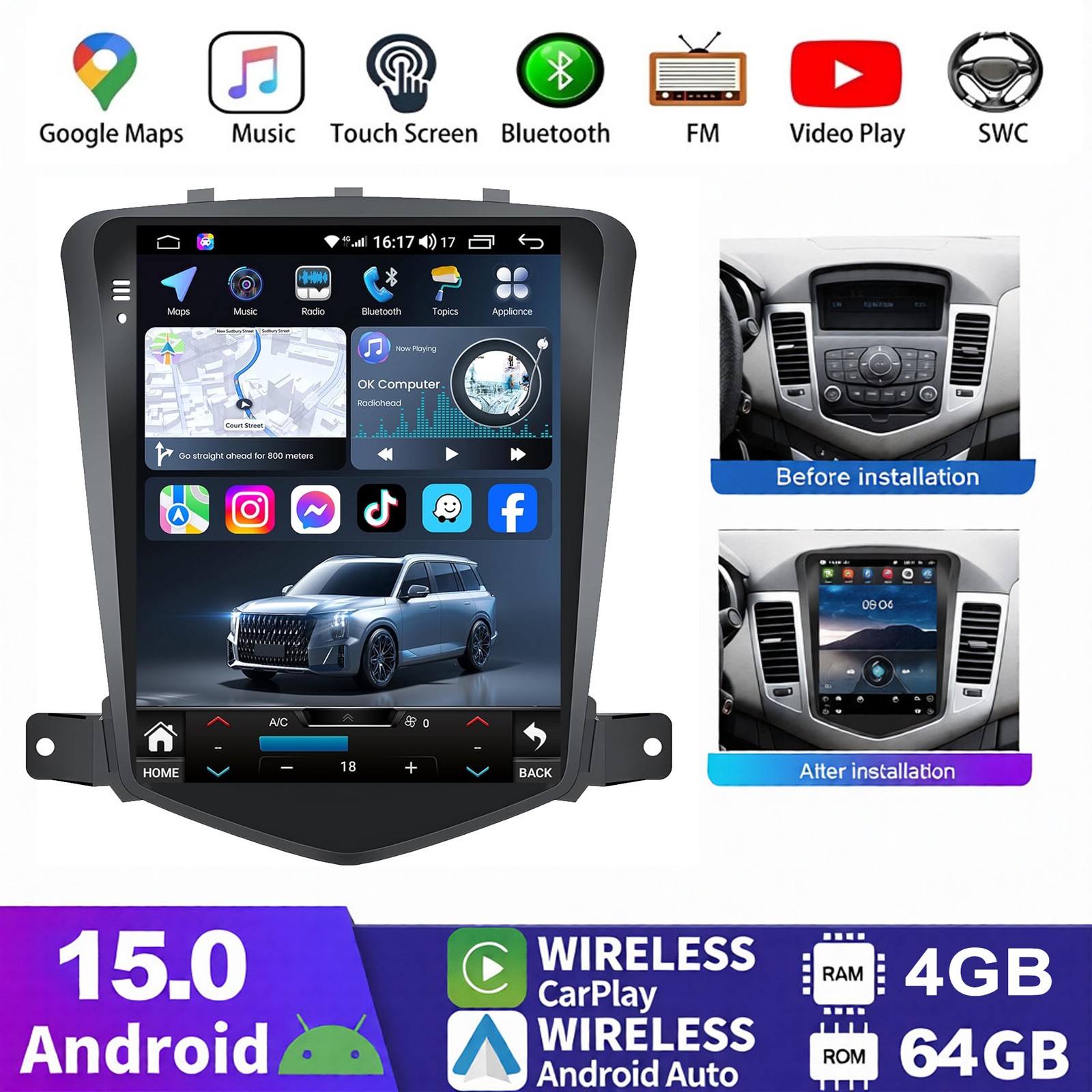 Android 15 Apple Carplay GPS NAVI Car Radio Stereo 64G For Chevy Cruze 2009-2015