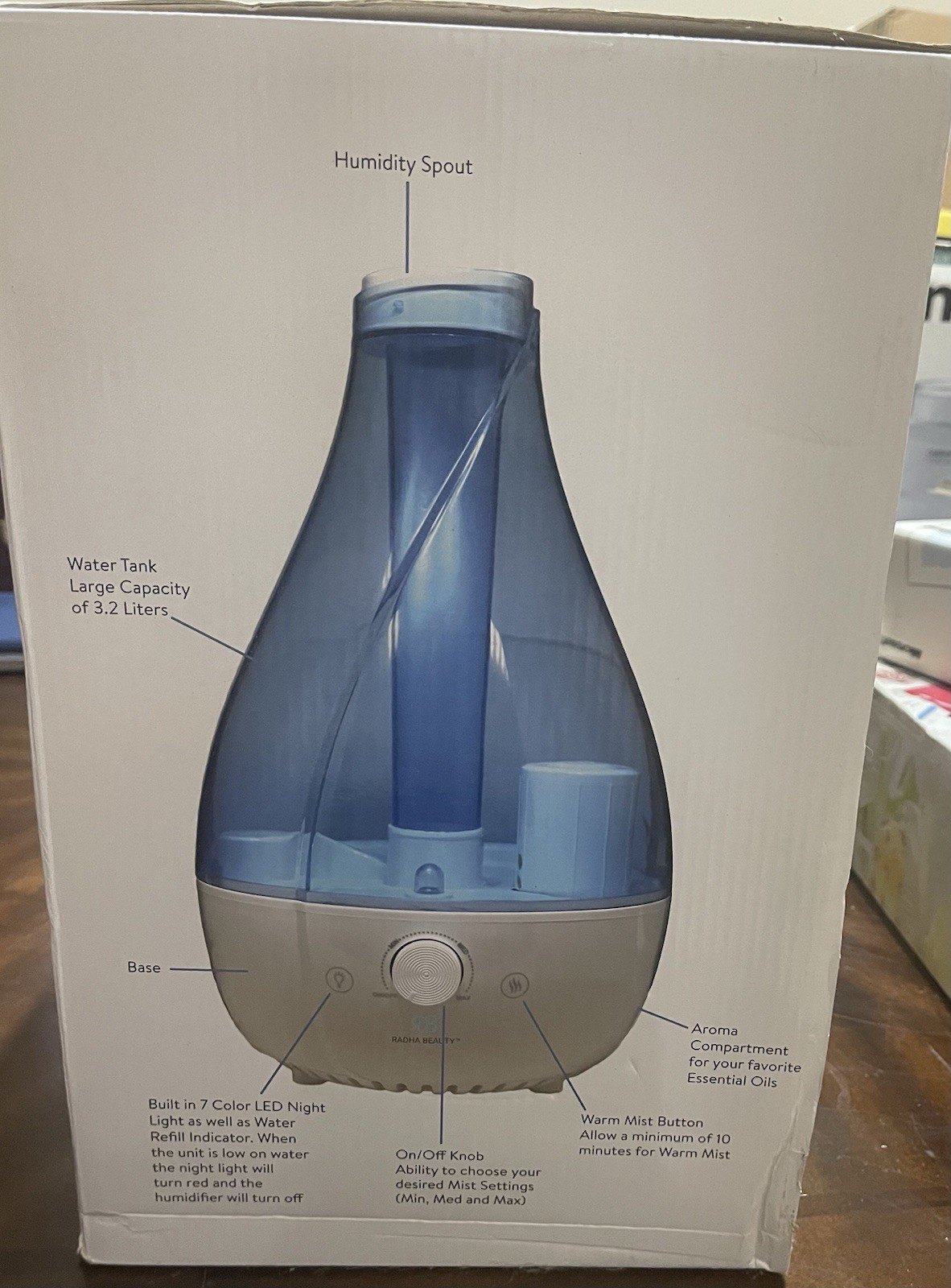 a Radha Beauty Sea Jewel Humidifier with a 3.2-liter water tank.