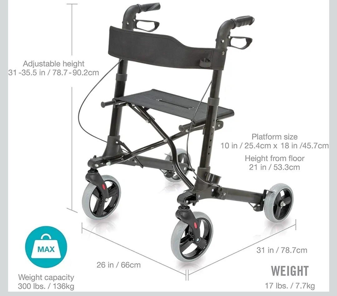 HealthSmart Walker Rollator With Seat And Backrest, Adjustable Handle Black